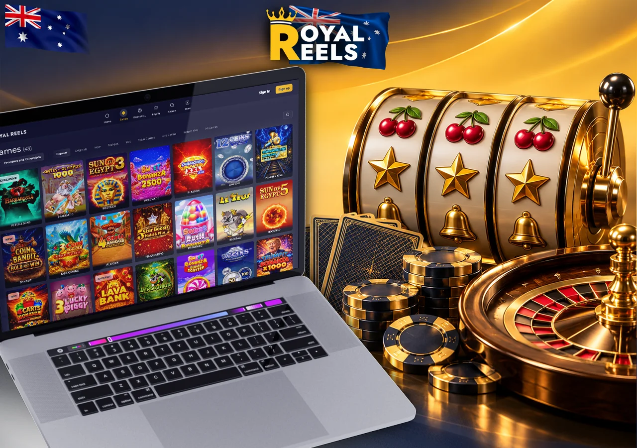 Royal Reels casino lobby on a laptop with pokies, chips and roulette